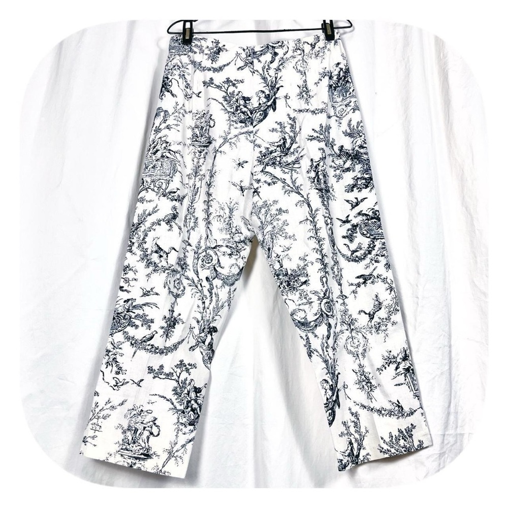 Womens 90s Y2k VTG White Linen Black Toile Print Relaxed Fit Cropped Pants 31”